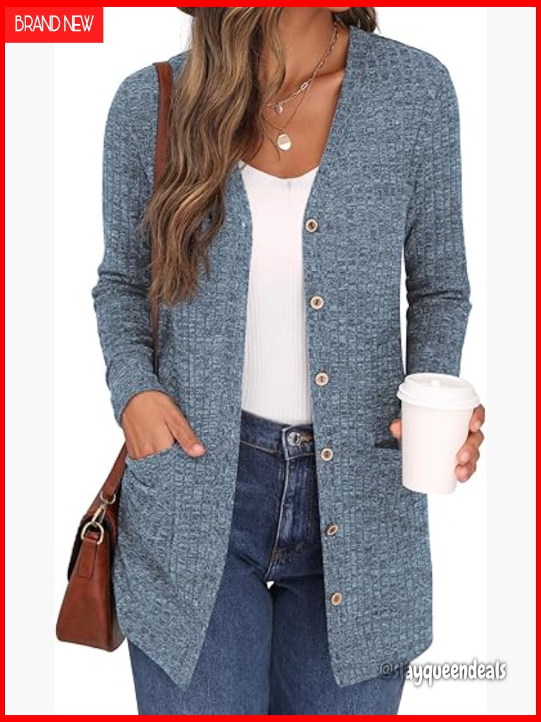 Women's Long Sleeve Open Front Cardigan Button Down Ribbed Knit Outerwear With